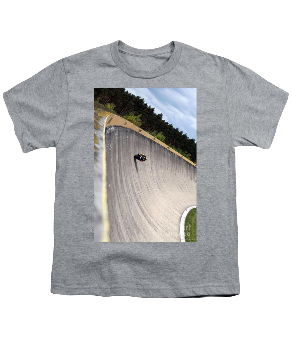 Vintage Youth T-Shirt featuring the photograph Motorcycle Racing On Steep Banked Race Track by Retrographs