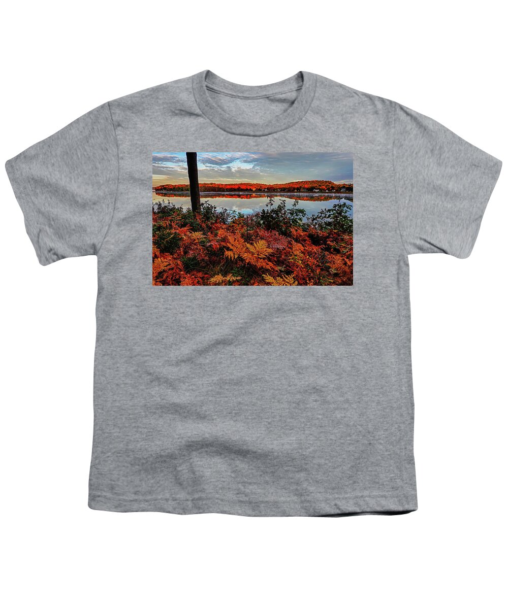 Newburyport Youth T-Shirt featuring the photograph Newburyport MA Maudslay State Park Fall Foliage Sunrise Merrimack River Reflection Ferns by Toby McGuire