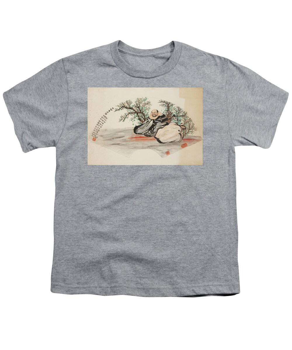 Chinese Watercolor Youth T-Shirt featuring the painting Happy Wandering Buddha #1 by Jenny Sanders