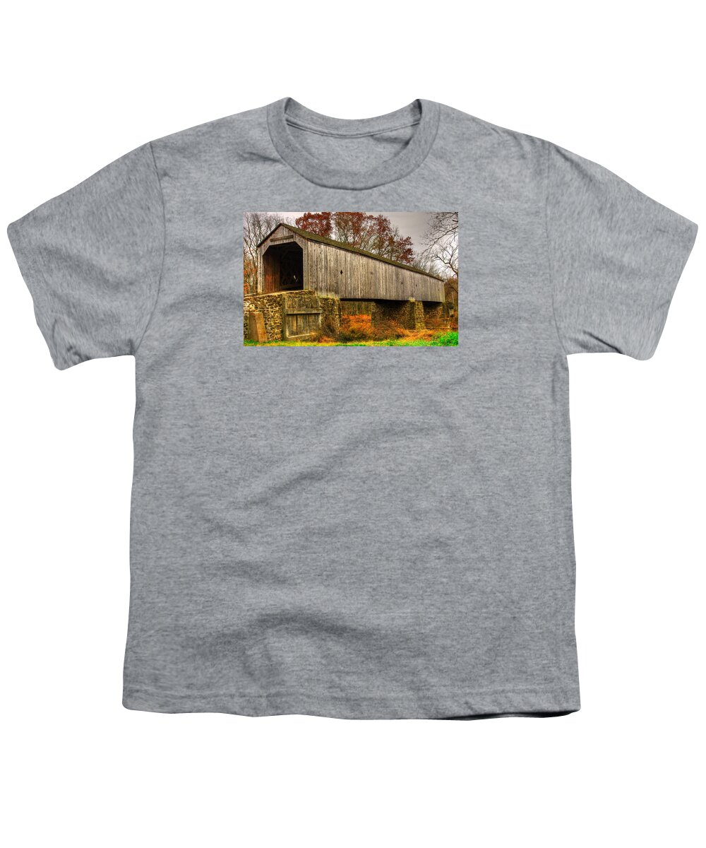 Schofield Covered Bridge Youth T-Shirt featuring the photograph PA Country Roads - Schofield Ford Covered Bridge Over Neshaminy Creek No. 10b - Autumn Bucks County by Michael Mazaika