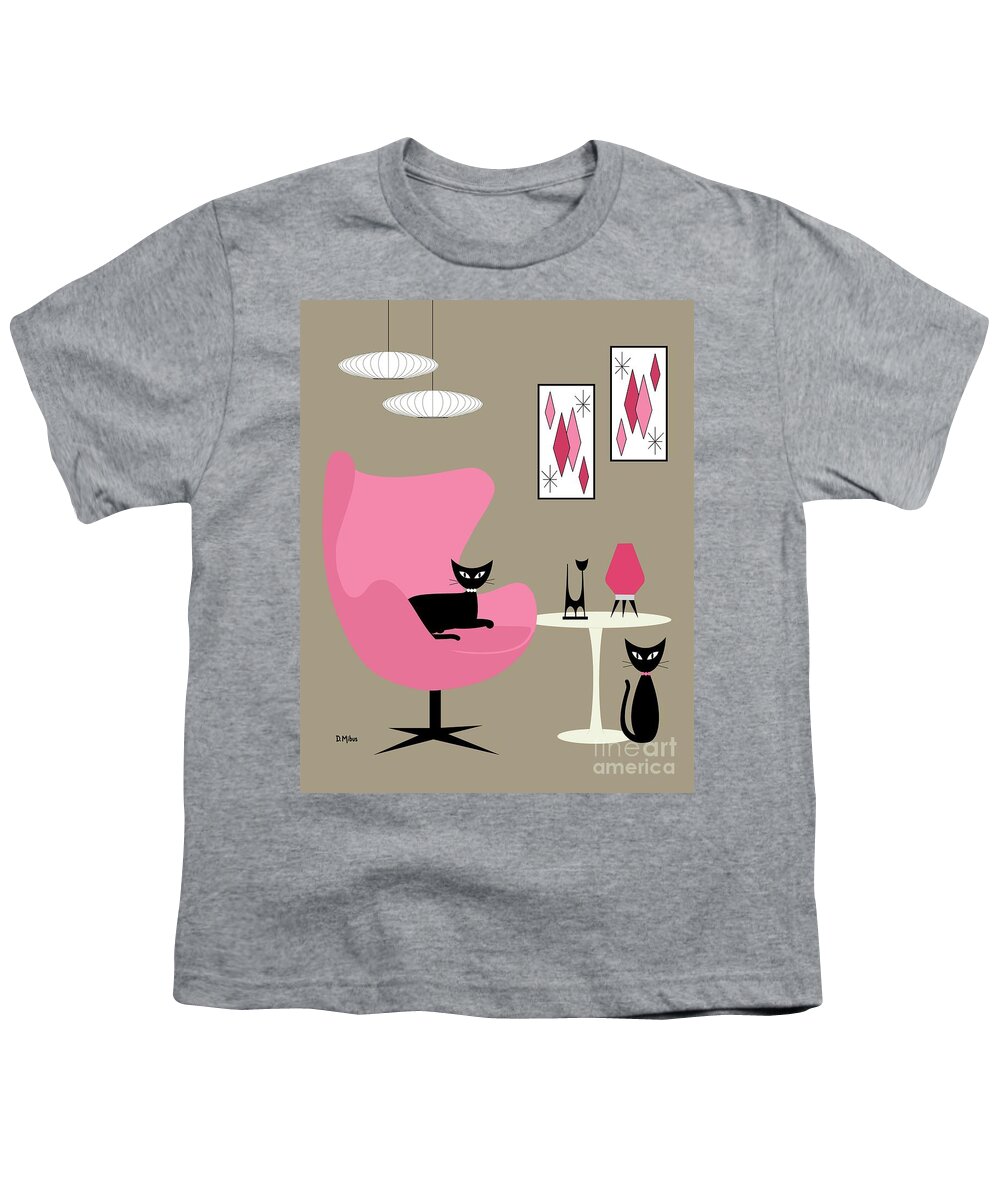 Mid Century Modern Youth T-Shirt featuring the digital art Pink Egg Chair with Cats by Donna Mibus
