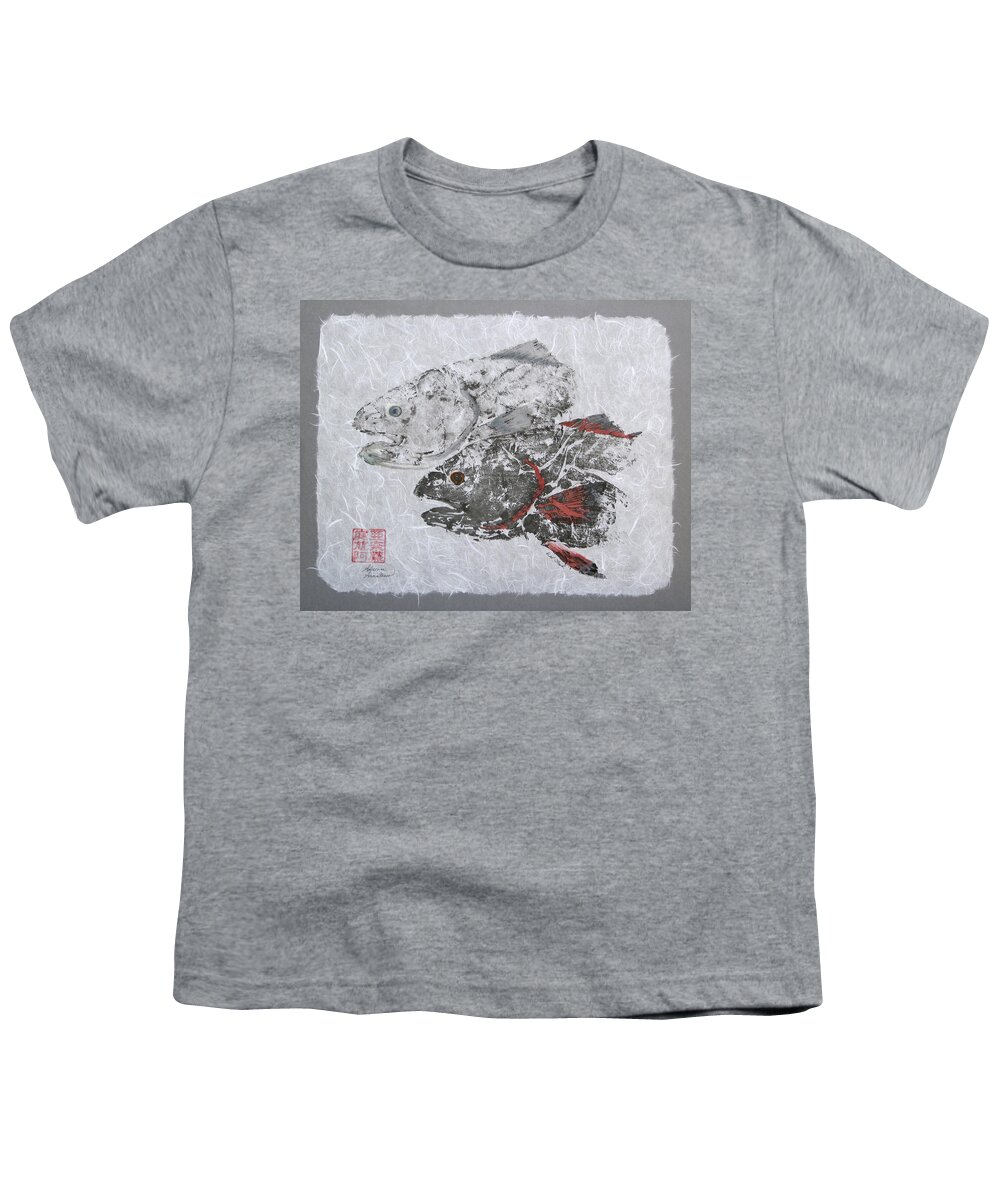 Redfish Youth T-Shirt featuring the painting Red Fish Head Duo with Border by Adrienne Dye