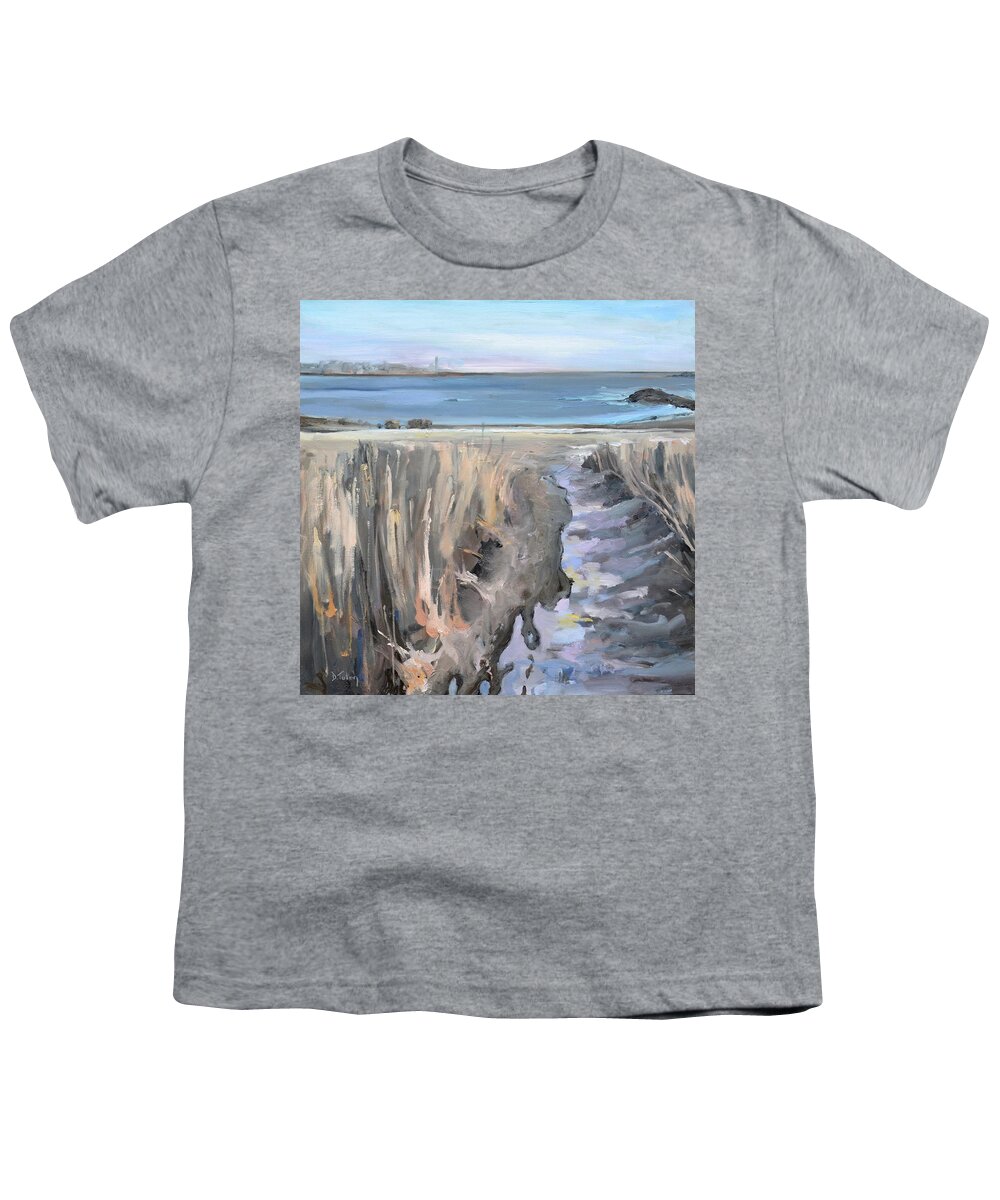 Scituate Youth T-Shirt featuring the painting Snowy Beach at Scituate Massachusetts by Donna Tuten
