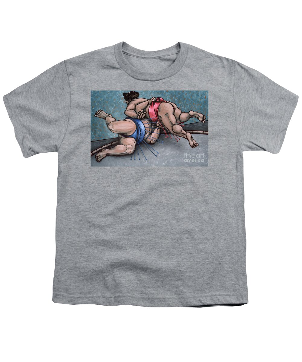 Sumo Youth T-Shirt featuring the painting sumo wrestling sports painting - Sumo Wrestlers IV by Sharon Hudson