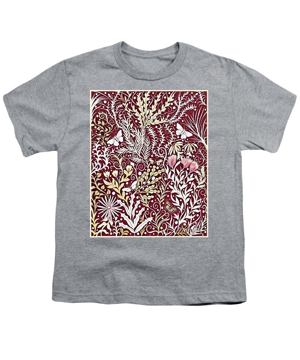 Lise Winne Youth T-Shirt featuring the mixed media Tapestry Design, With White Butterflies, In a Deep Rich Red by Lise Winne