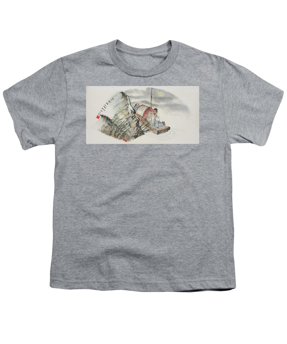 Chinese Watercolor Youth T-Shirt featuring the painting Moonlight Flute Player by Jenny Sanders
