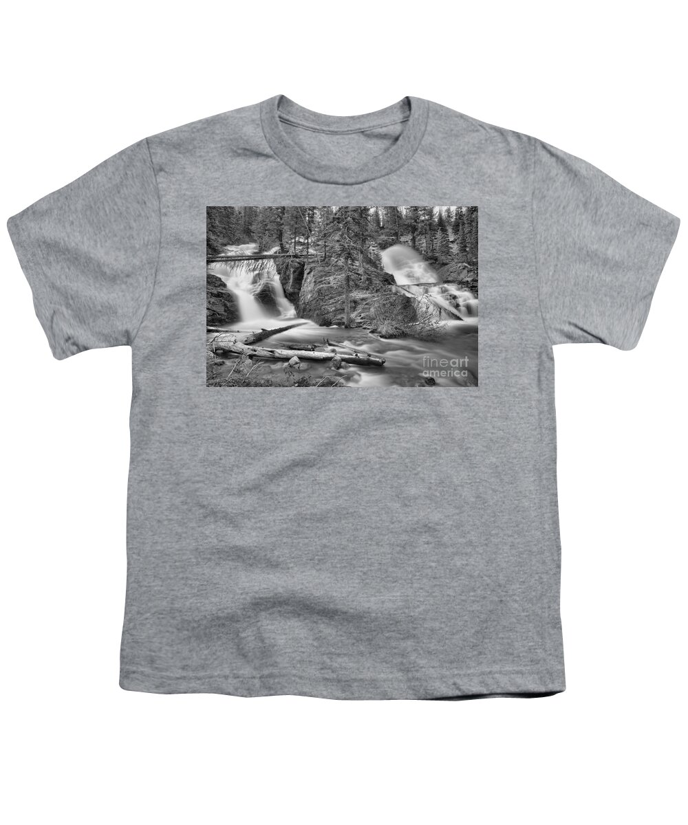 Twin Falls Youth T-Shirt featuring the photograph Two Medicine Twin Falls Black And White by Adam Jewell