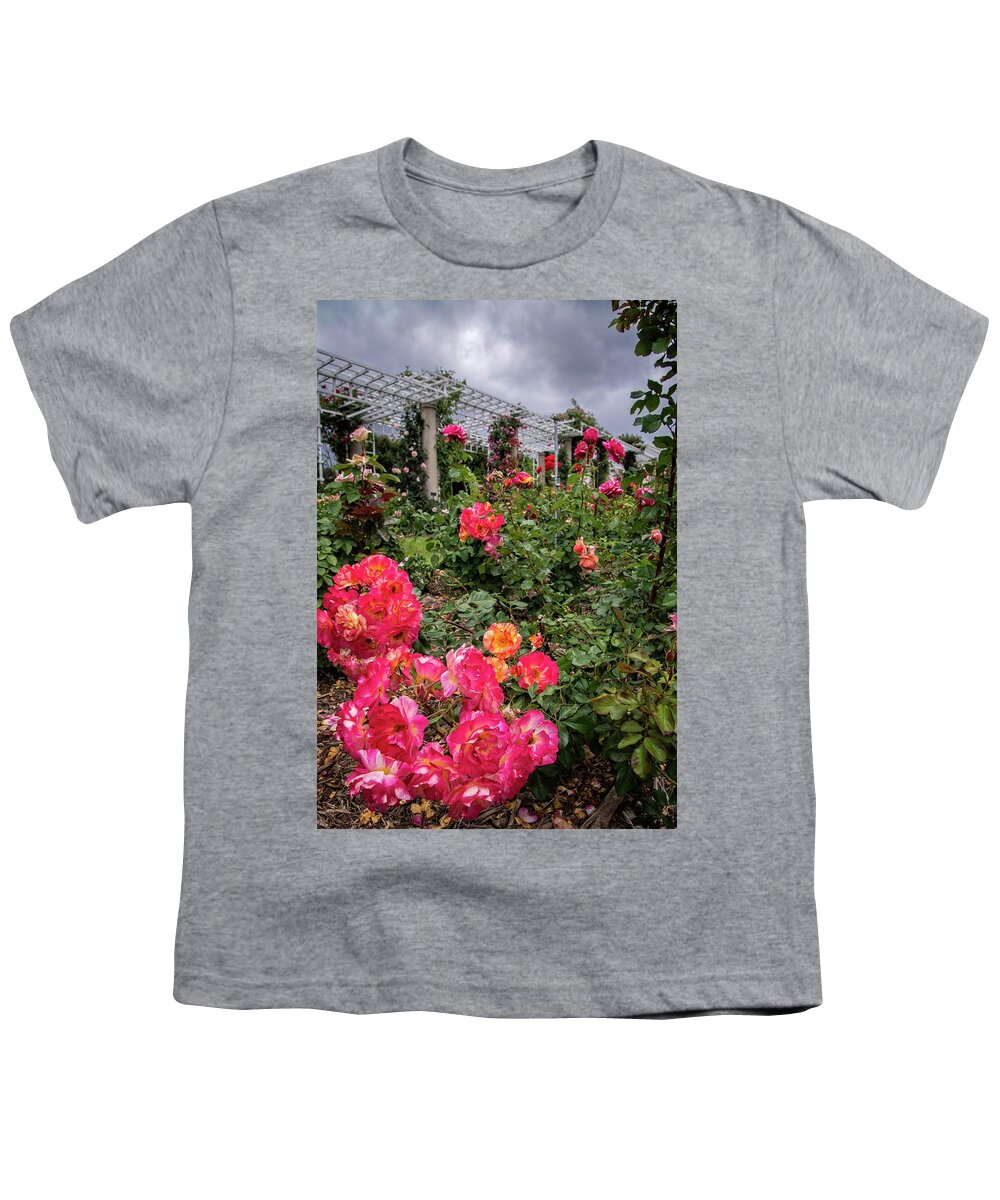  Youth T-Shirt featuring the photograph Vibrant Roses Under Stormy Skies at the Garden by Lynn Bauer
