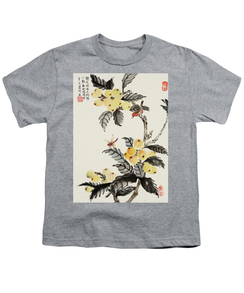 Chinese Watercolor Youth T-Shirt featuring the painting Bird and Dragonfly On the Loquat Tree by Jenny Sanders