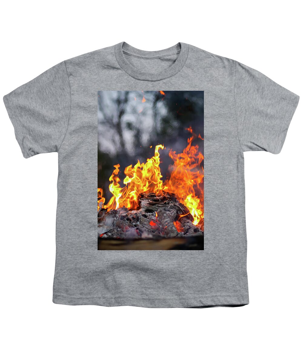 Bonfire Youth T-Shirt featuring the photograph Bonfire at a camp in summer evening outdoors #6 by Olga Strogonova