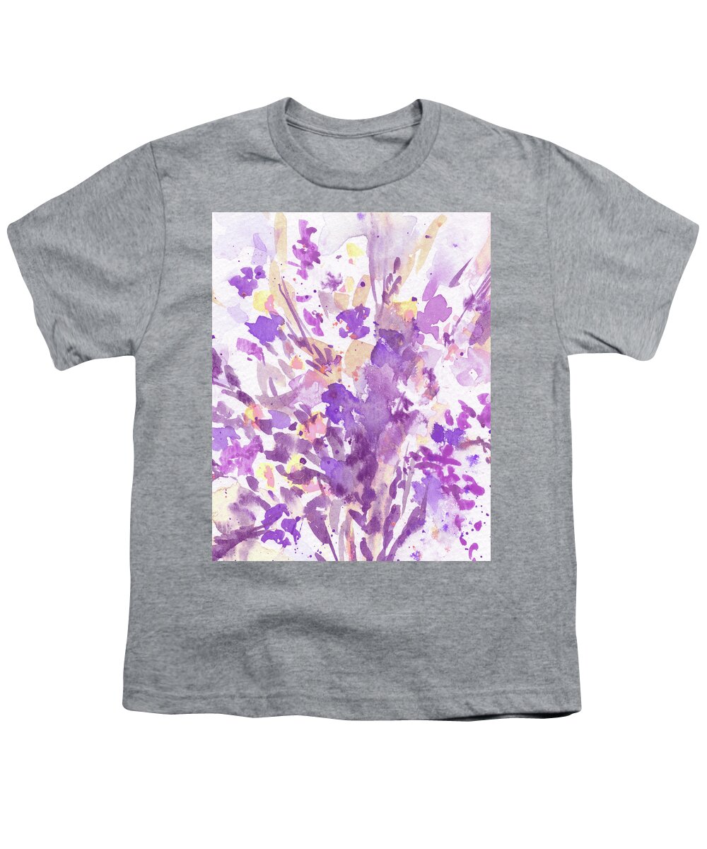 Abstract Flowers Youth T-Shirt featuring the painting Abstract Purple Flowers The Burst Of Color Splash Of Watercolor II by Irina Sztukowski