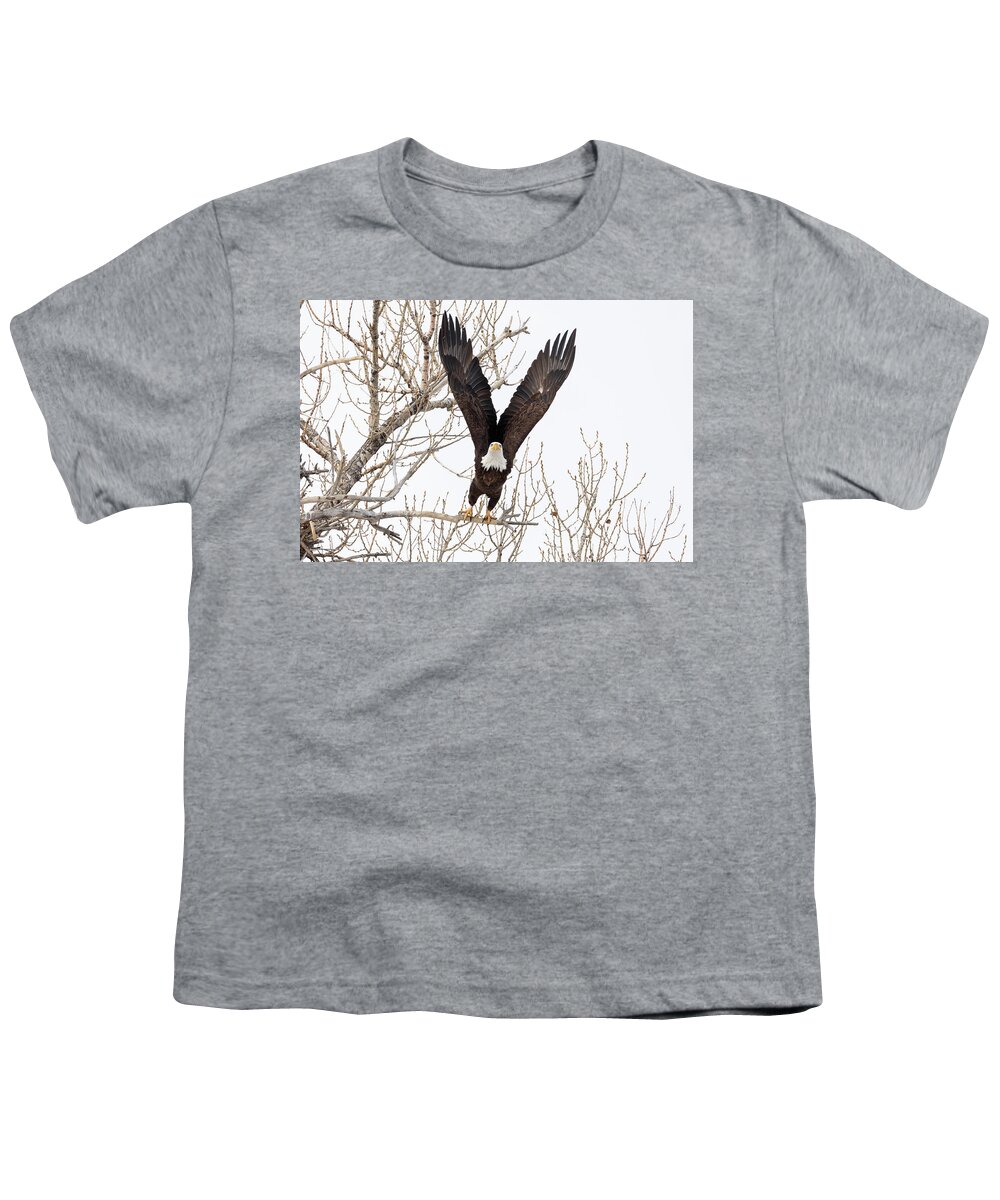 Bald Eagle Youth T-Shirt featuring the photograph Bald Eagle Stretches High for Launch by Tony Hake