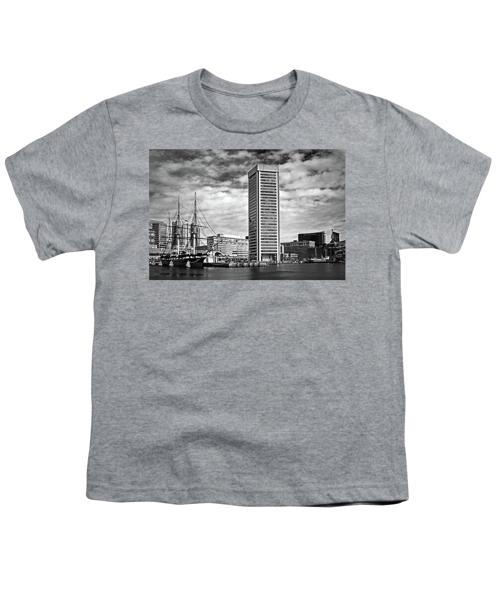 World Trade Center Youth T-Shirt featuring the photograph Baltimore World Trade Center and USS Constellation Monochrome by Bill Swartwout