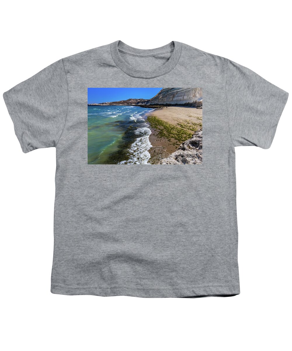 Puerto Piramides Youth T-Shirt featuring the photograph Beach in Puerto Piramides, Argentina by Lyl Dil Creations