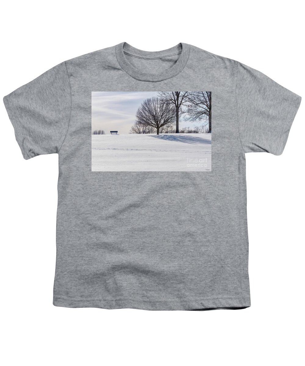 Snow Youth T-Shirt featuring the photograph Bench On Snow Covered Hill by Jennifer White