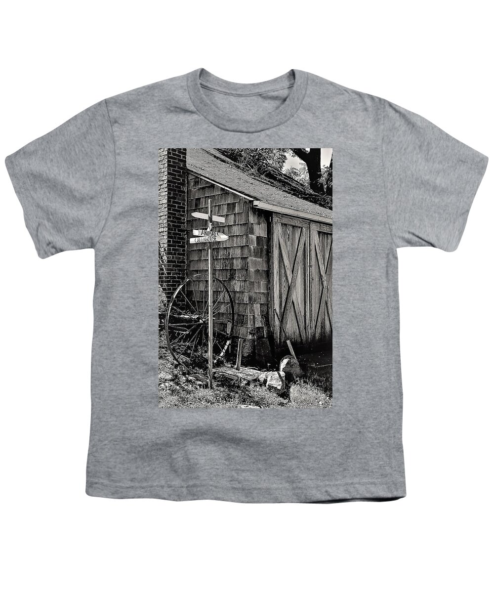  Barn Wheel Sign Dwelling Door Black White Youth T-Shirt featuring the photograph Benner's Farm by John Linnemeyer