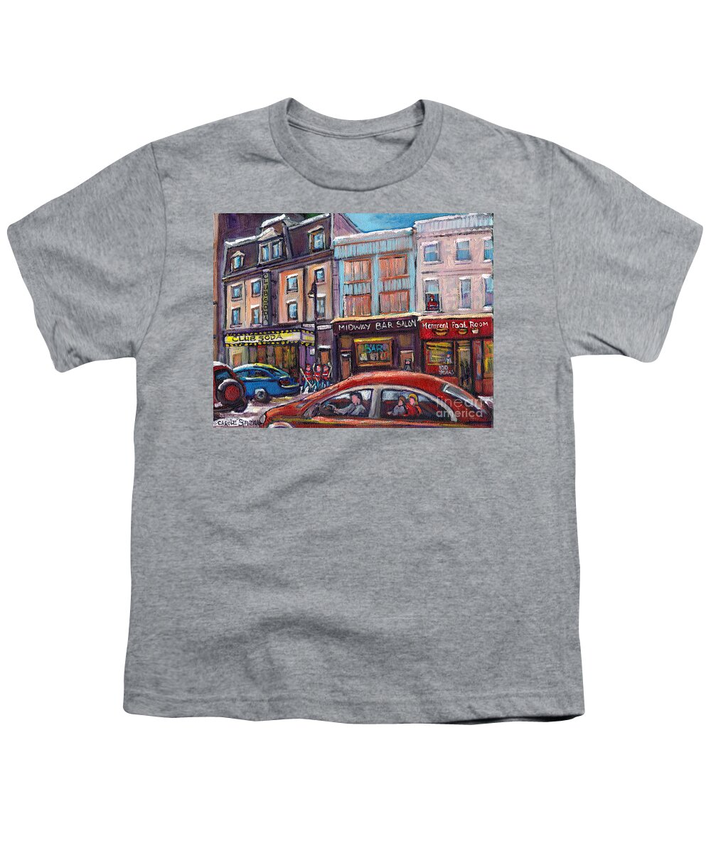 Montreal Youth T-Shirt featuring the painting Best Mile End Montreal Pool Room Club Soda Hockey Art Street Scene Carole Spandau Canadian Painting by Carole Spandau