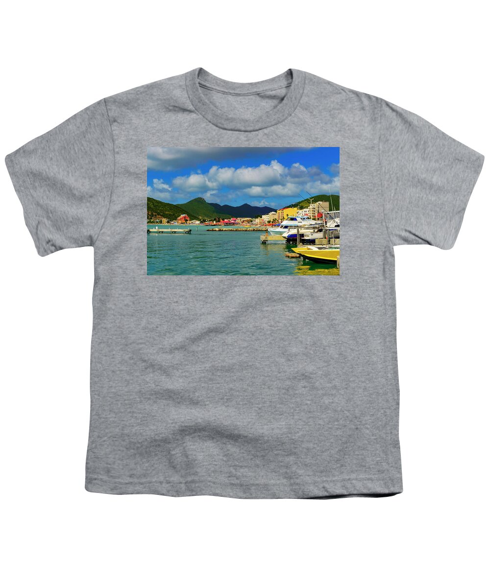 Boats; Travel; Color; Skies; Clouds; Water; Landscape Youth T-Shirt featuring the photograph Boats in Saint Maarten by AE Jones