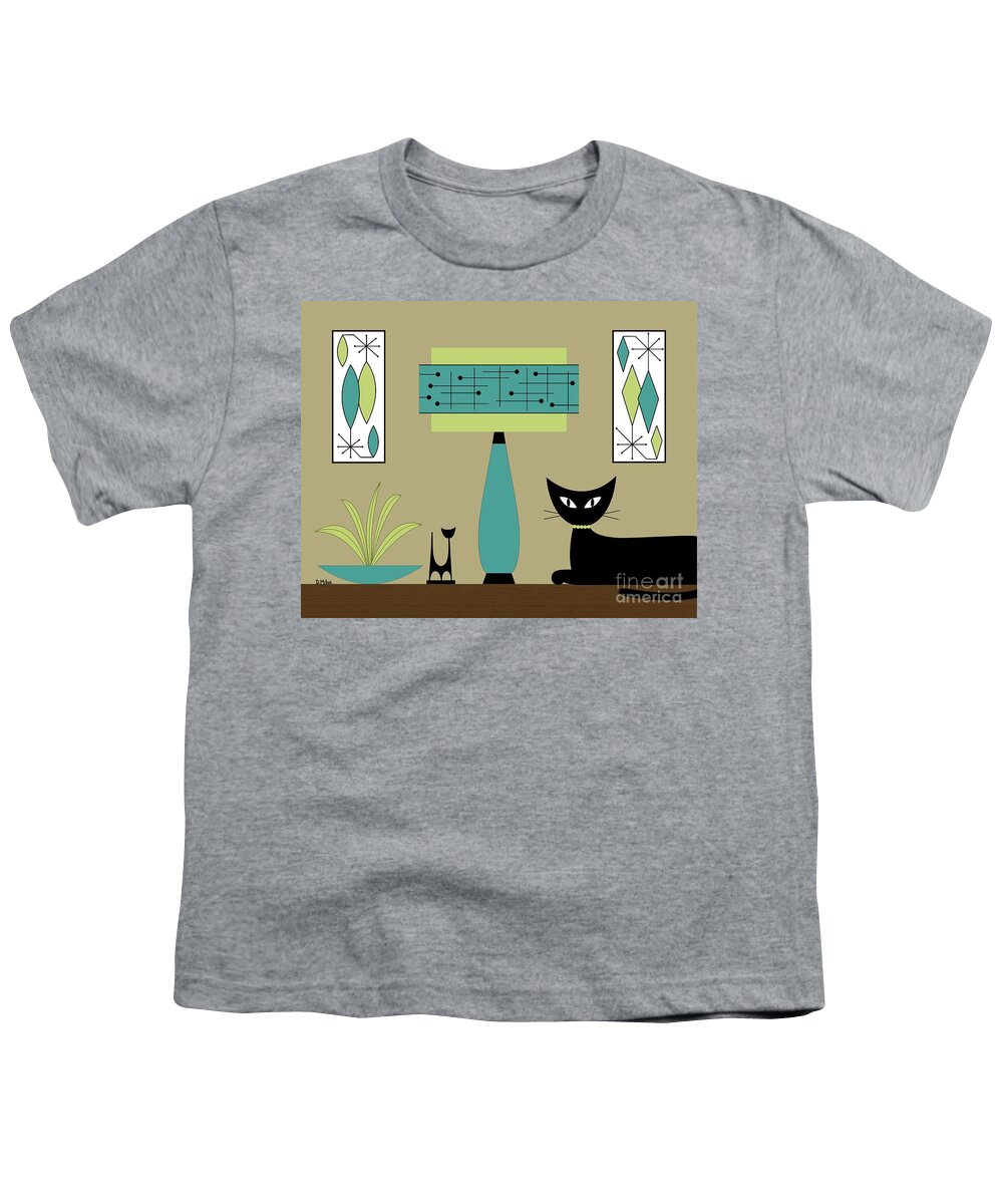Mid Century Modern Youth T-Shirt featuring the digital art Cat on Tabletop with Lamp in Teal by Donna Mibus