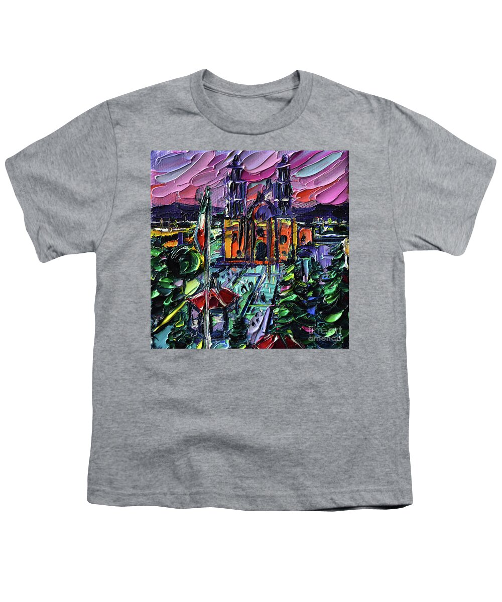 Chihuahua Mexico Youth T-Shirt featuring the painting CHIHUAHUA MEXICO miniature oil painting abstract cityscape on 3D canvas by Mona Edulesco