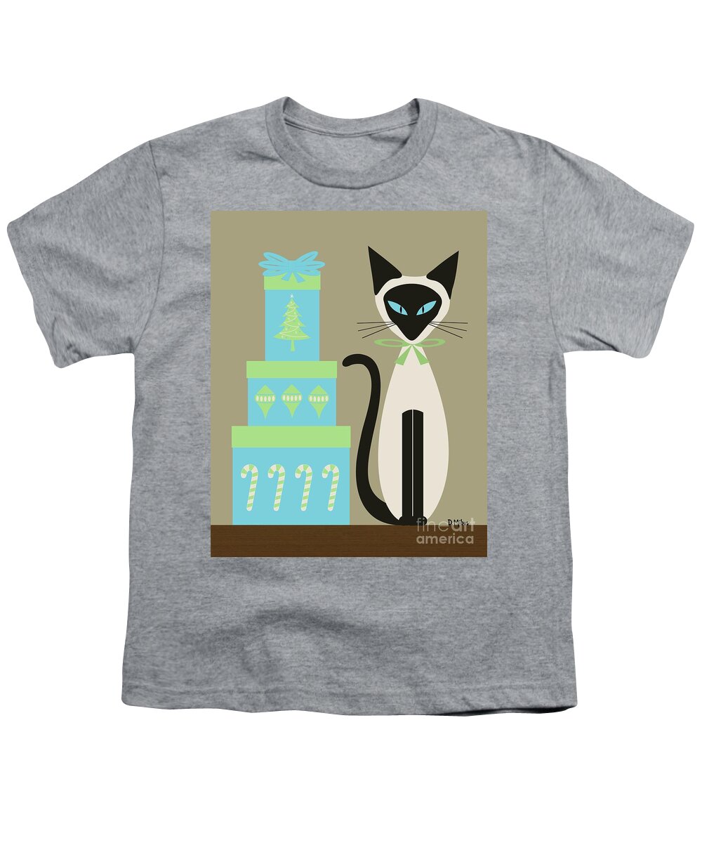 Mid Century Cat Youth T-Shirt featuring the digital art Christmas Siamese with Presents by Donna Mibus
