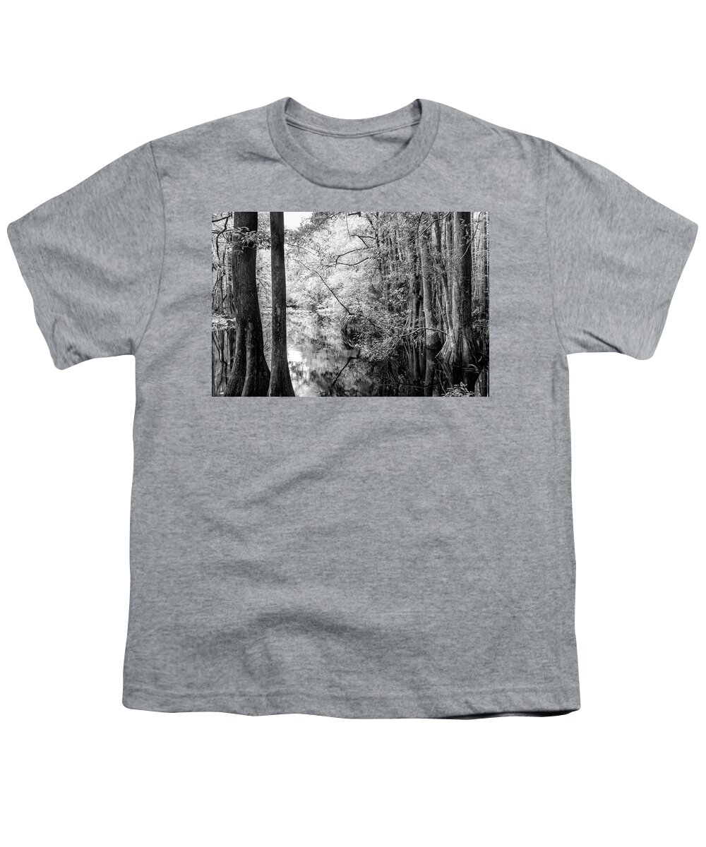 White Youth T-Shirt featuring the photograph Cypress Marsh Reflections Highlands Hammock Black and White by Debra and Dave Vanderlaan