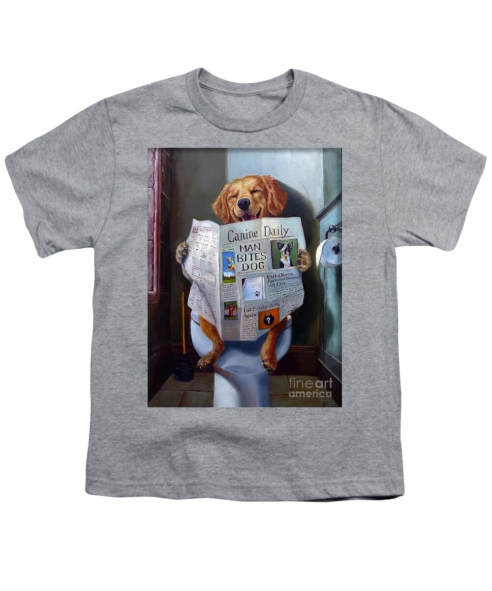  Happy Youth T-Shirt featuring the painting Dog Reading the Newspaper On Toilet Funny by Stewart Joanne