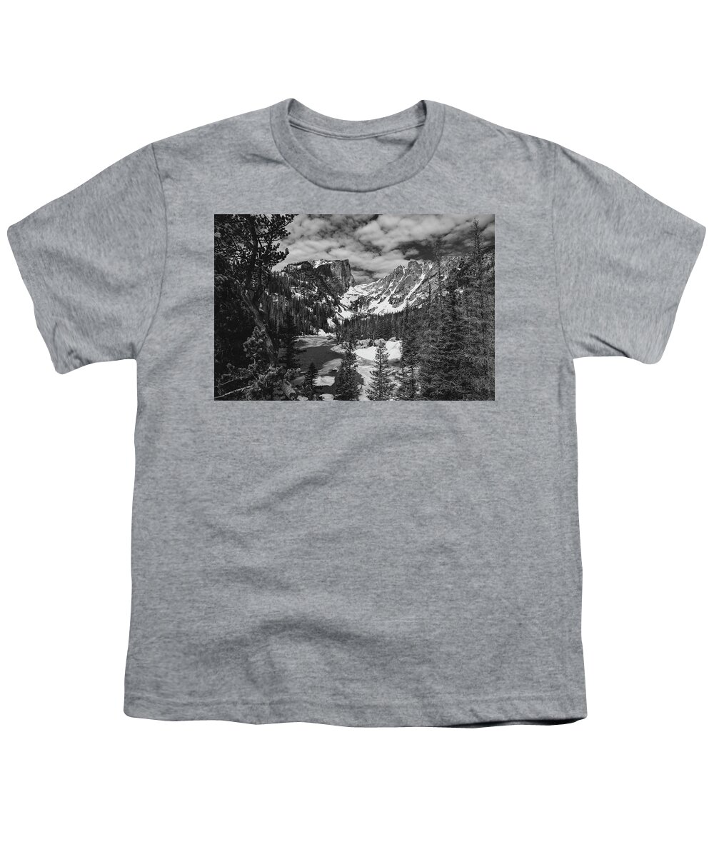 Dream Lake In Snow Black And White Youth T-Shirt featuring the photograph Dream Lake In Snow Black And White by Dan Sproul