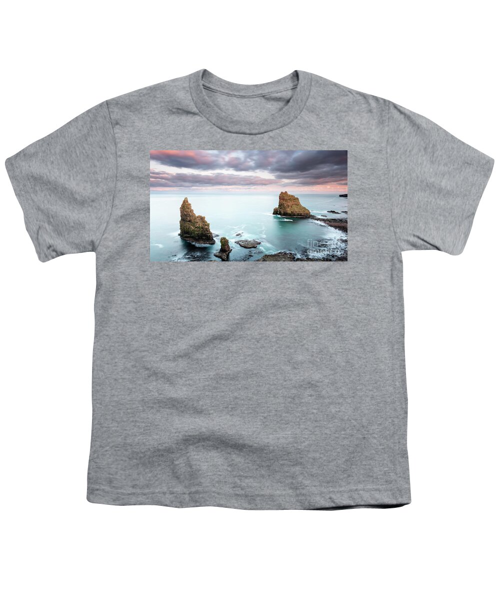 Duncansby Youth T-Shirt featuring the photograph Duncansby Sea Stacks at Sunset by Maria Gaellman