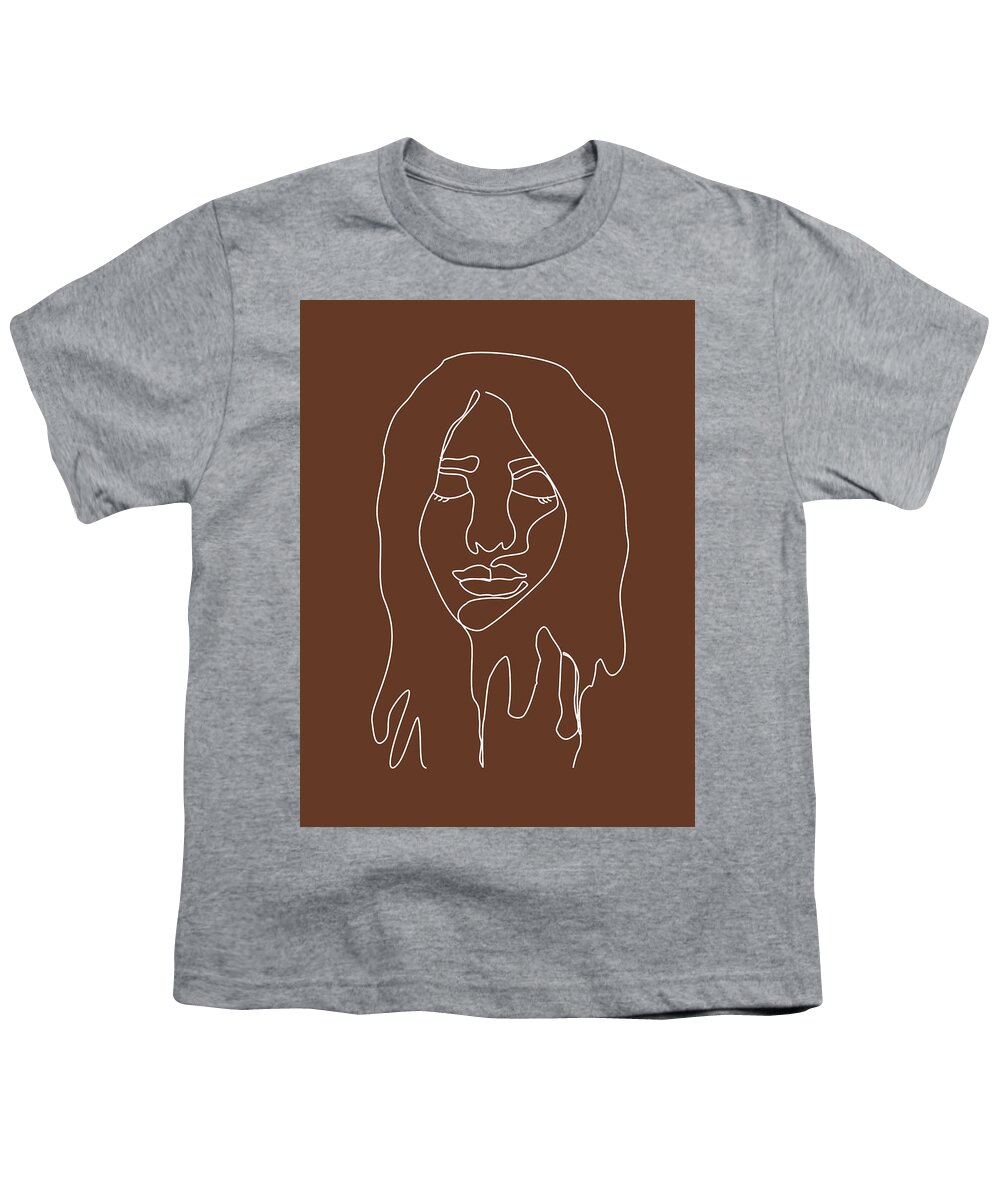 Portrait Youth T-Shirt featuring the mixed media Face 02 - Abstract Minimal Line Art Portrait of a Girl - Single Stroke Portrait - Terracotta, Brown by Studio Grafiikka