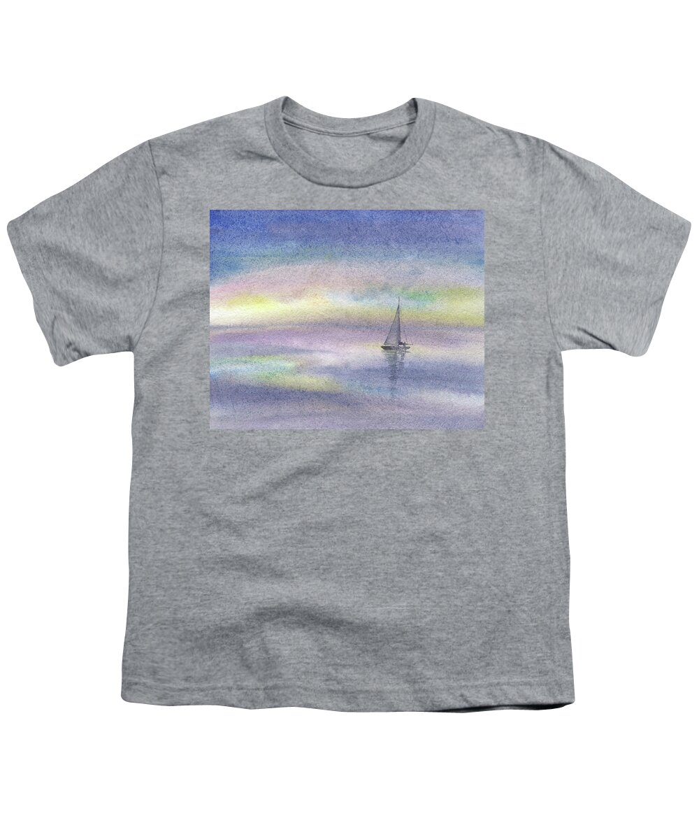 Sea Boat In The Ocean Youth T-Shirt featuring the painting Foggy Glowing Morning Boat Floating In The Sea by Irina Sztukowski