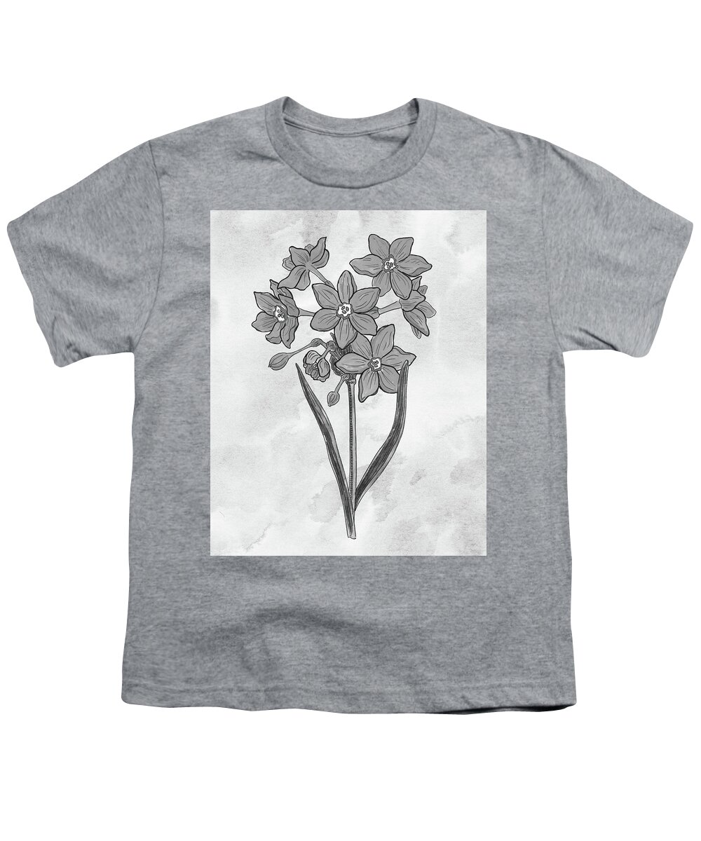 Daffodil Youth T-Shirt featuring the painting Gray Watercolor Daffodil On Marble Monochrome Art by Irina Sztukowski