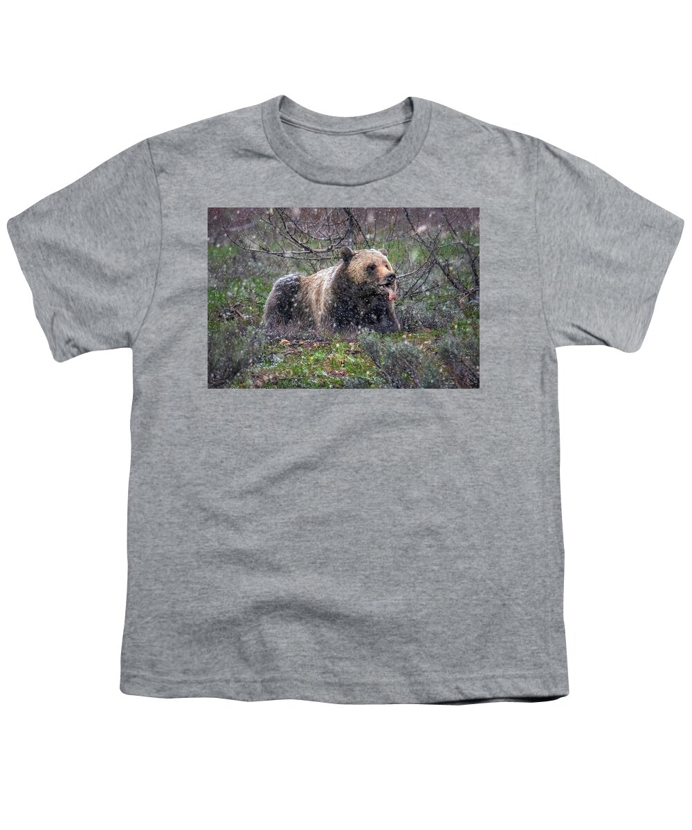 Snowflake Youth T-Shirt featuring the photograph Grizzly Catching Snowflakes by Michael Ash