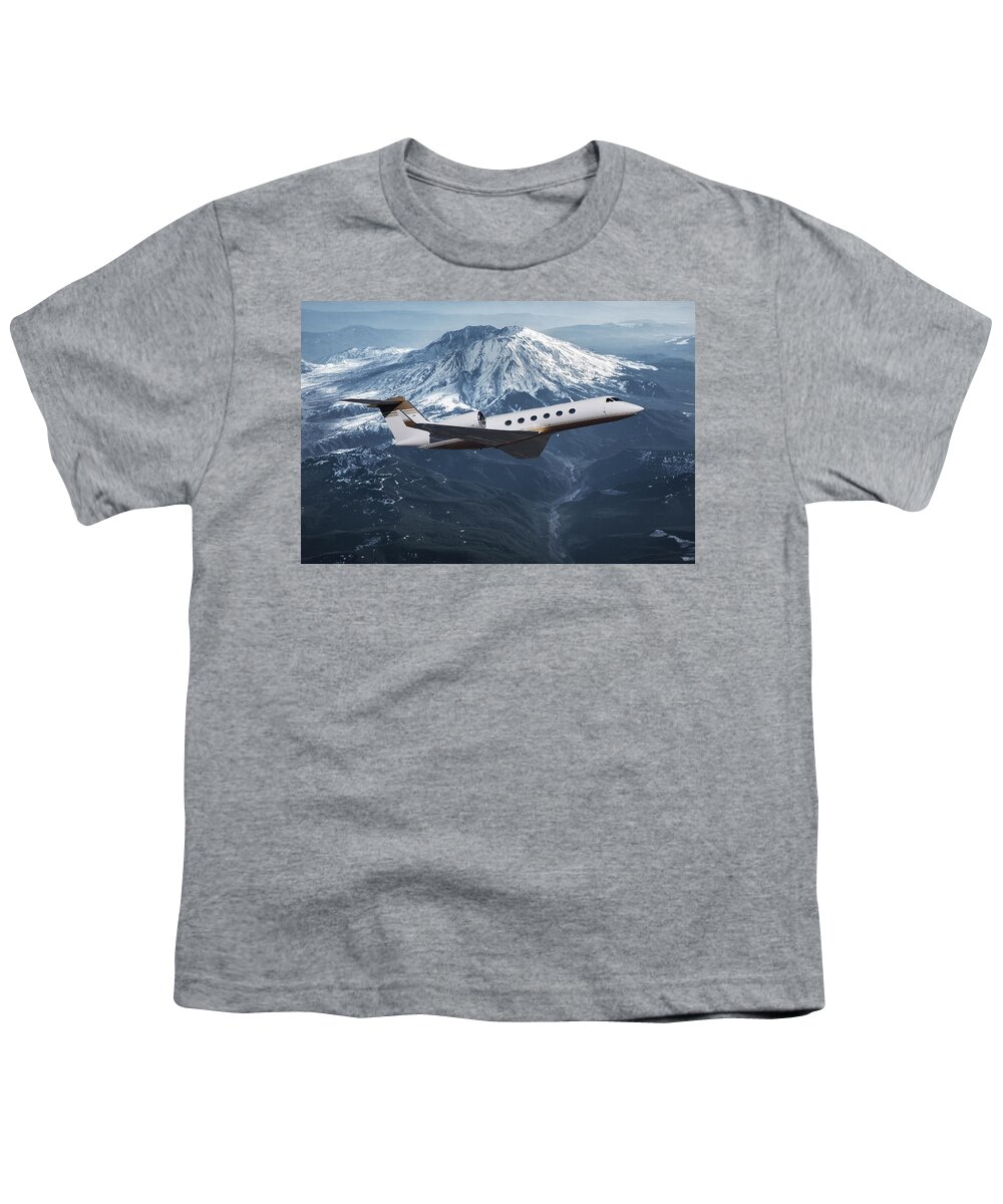 Gulfstream 550 Business Jet Youth T-Shirt featuring the mixed media Gulfstream 550 and Mt. St. Helens by Erik Simonsen