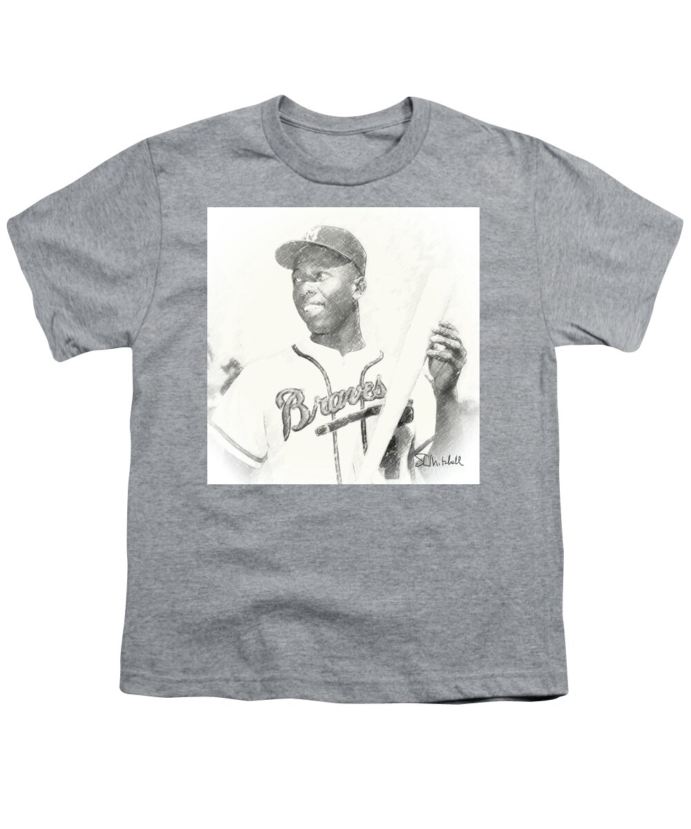 Hank Aaron Youth T-Shirt featuring the drawing Hammerin' Hank by Steve Mitchell