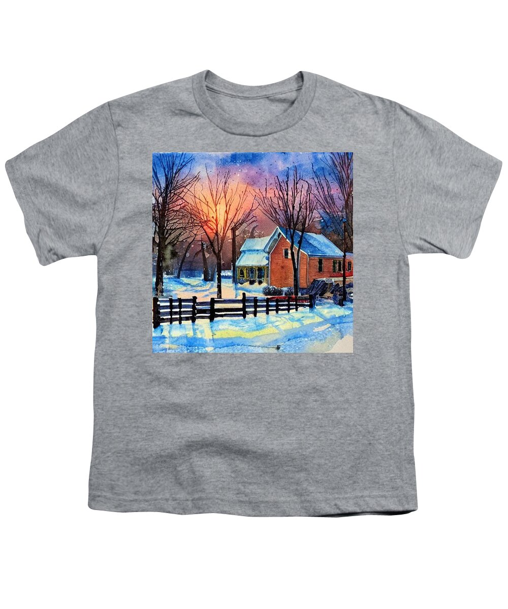 Horse Farm Youth T-Shirt featuring the painting Horse Farm at Mountain Ave, Pompton Plains New Jersey, Blizzard of 1947 by Christopher Lotito
