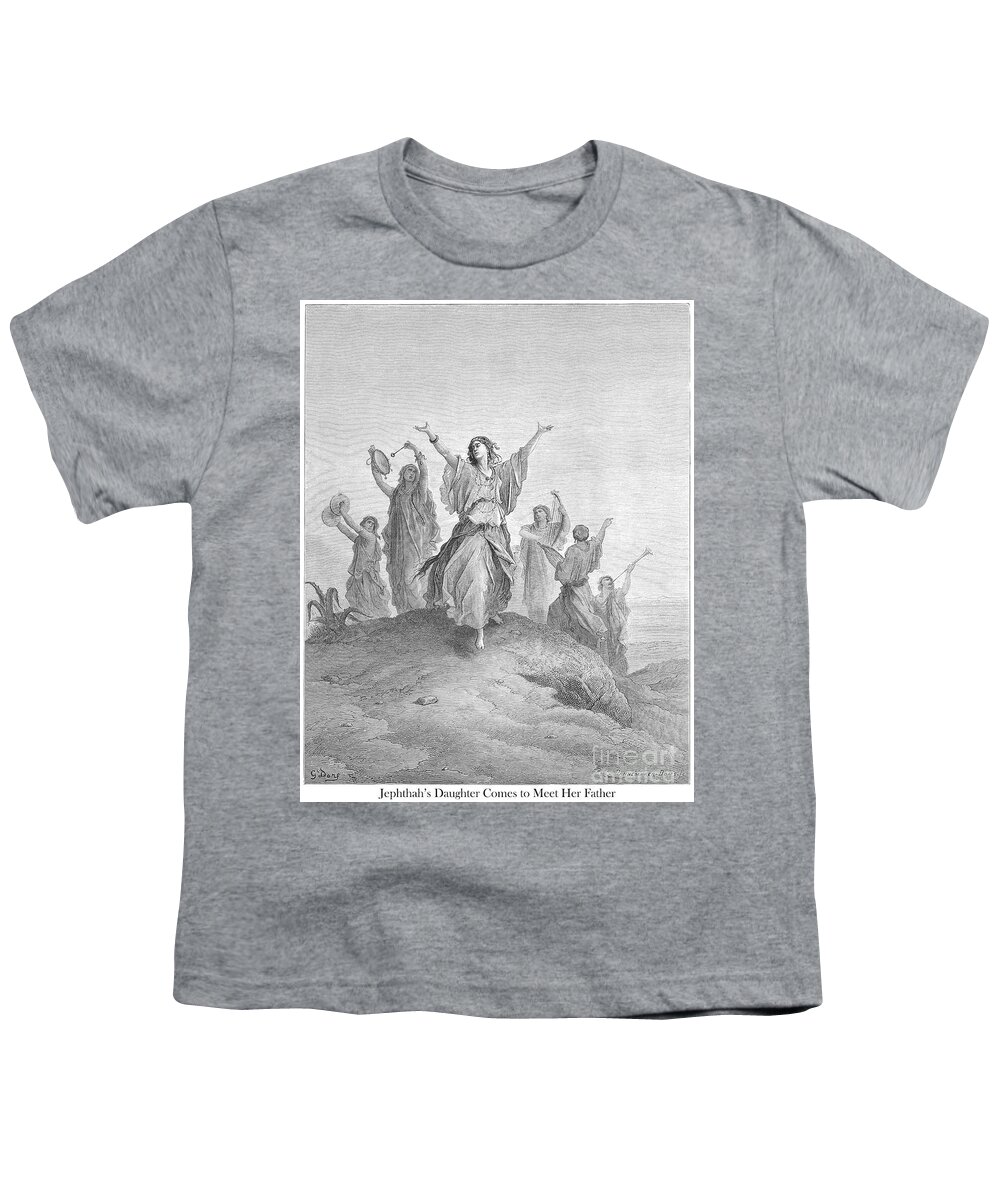Jephthah Youth T-Shirt featuring the drawing Jephthah's Daughter Coming to Meet Her Father by Gustave Dore v1 by Historic illustrations