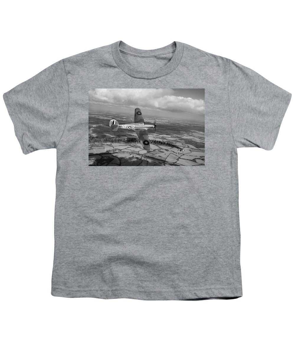 303 Squadron Youth T-Shirt featuring the photograph Josef Frantisek of 303 Squadron in action BW version by Gary Eason