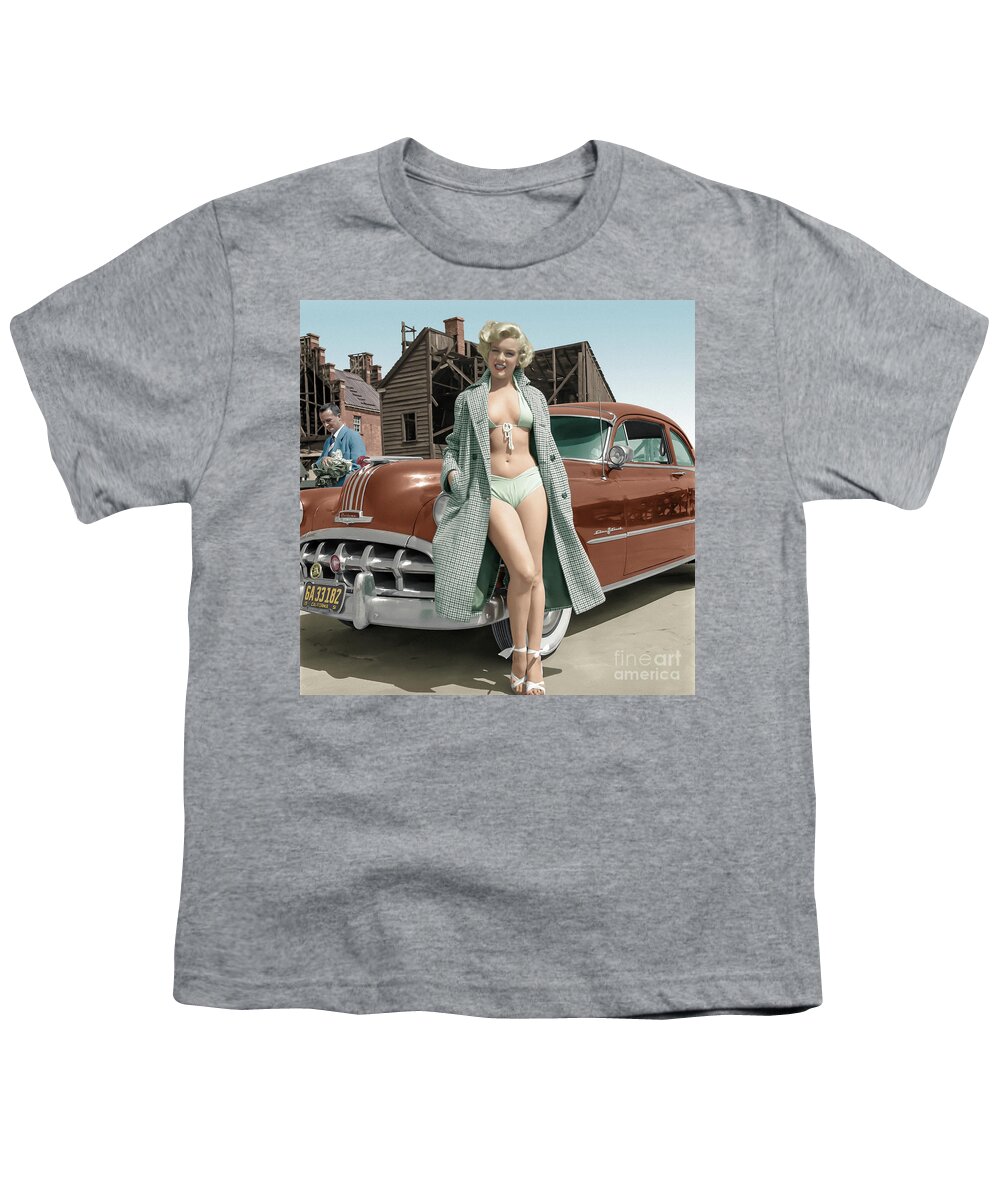 Marilyn Monroe Pinup Sexy Girl California Movies Vintage 1950s Pontiac Hollywood Cars Blond Famous Portrait Fantasy Full Colors  Youth T-Shirt featuring the photograph Marilyn and the Pontiac by Franchi Torres