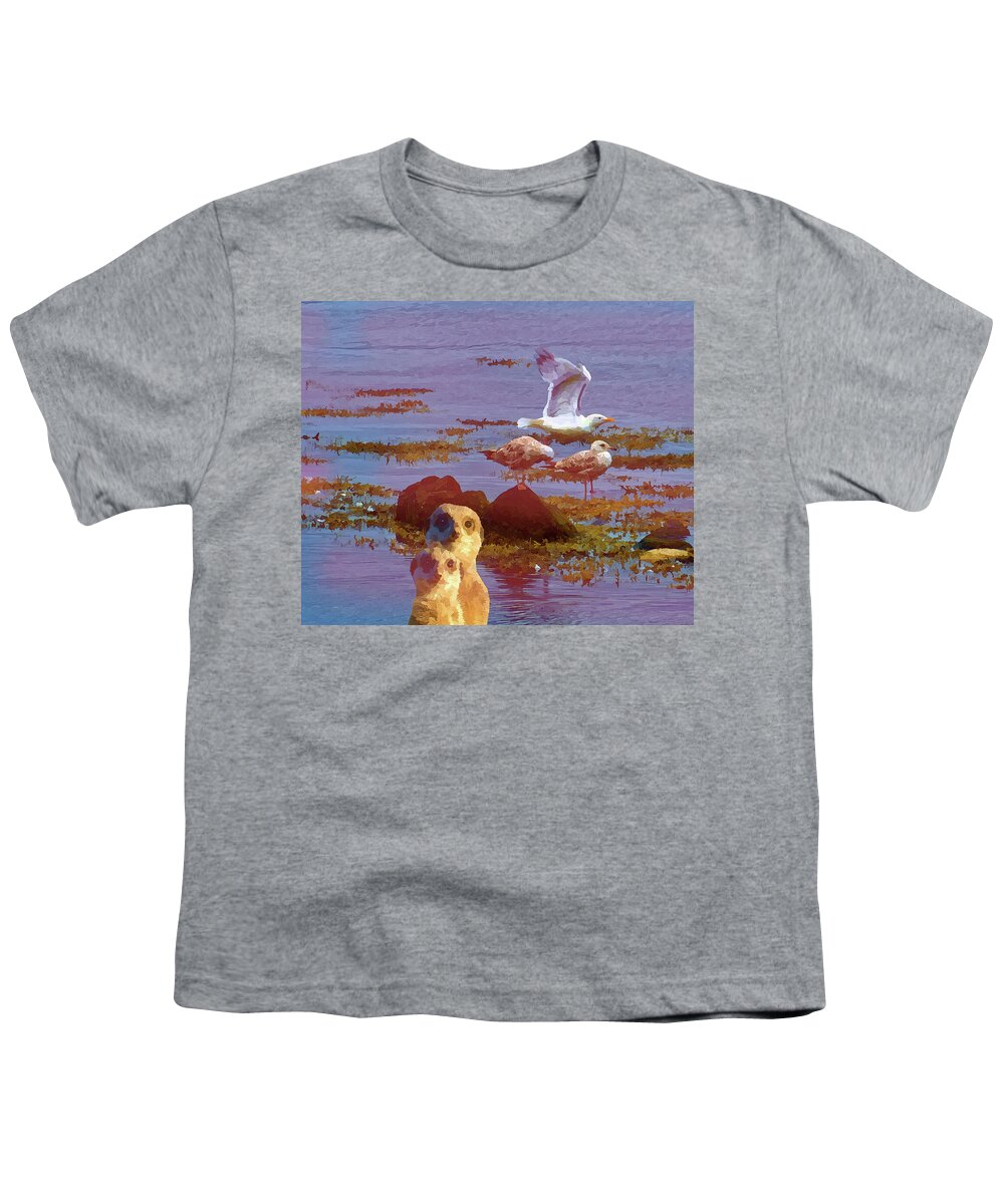Meerkats Youth T-Shirt featuring the mixed media Meerkats Visit the Sea Coast by Shelli Fitzpatrick