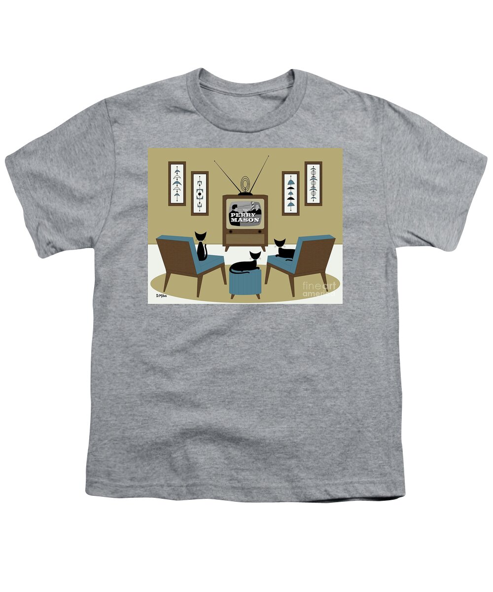 Mid Century Cat Youth T-Shirt featuring the digital art Mid Century Cats Watch Perry Mason Beige by Donna Mibus