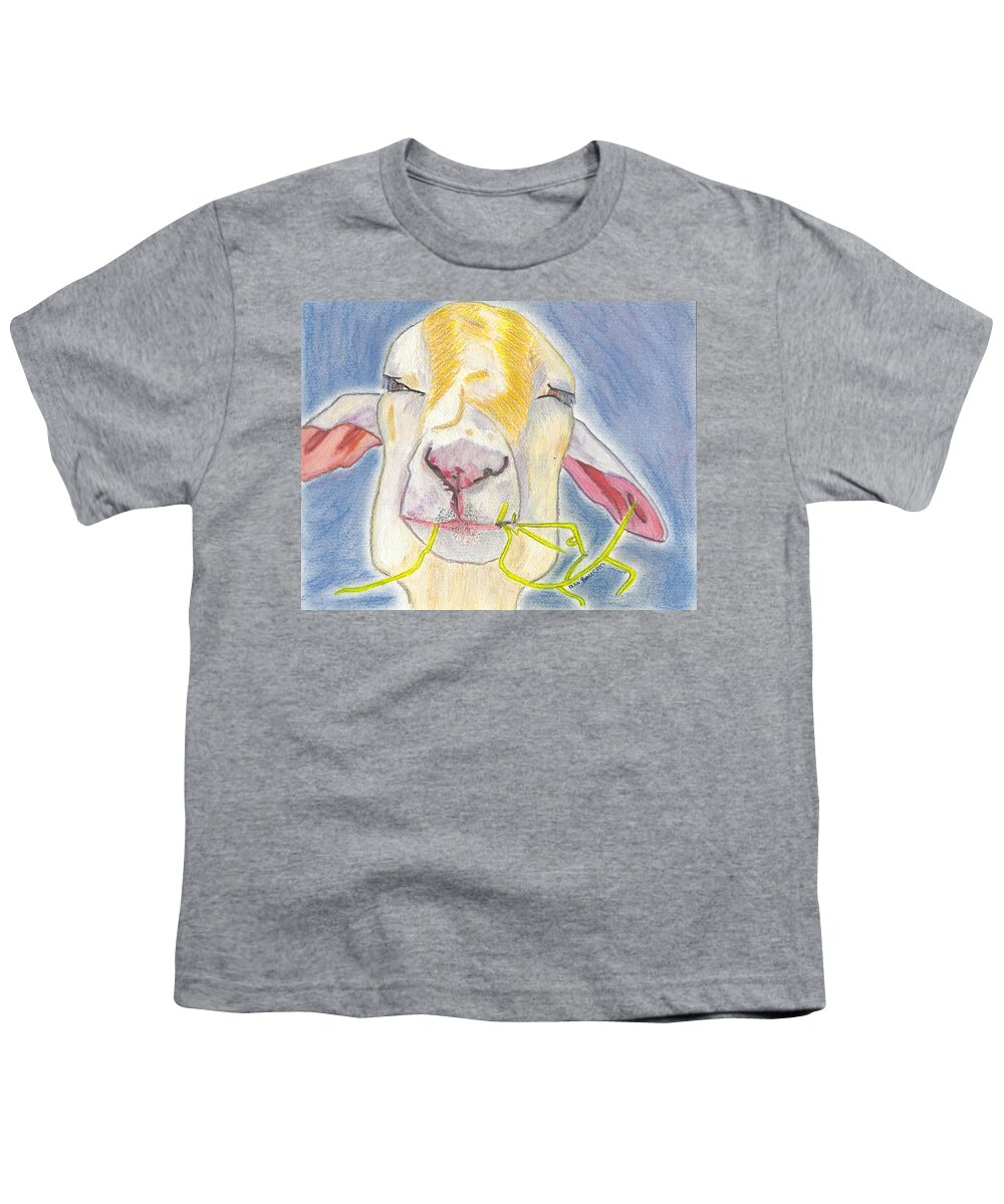 Goat Youth T-Shirt featuring the mixed media Percival a Fun Adorable Mixed Media Goat Chewing Straw Drawing by Ali Baucom