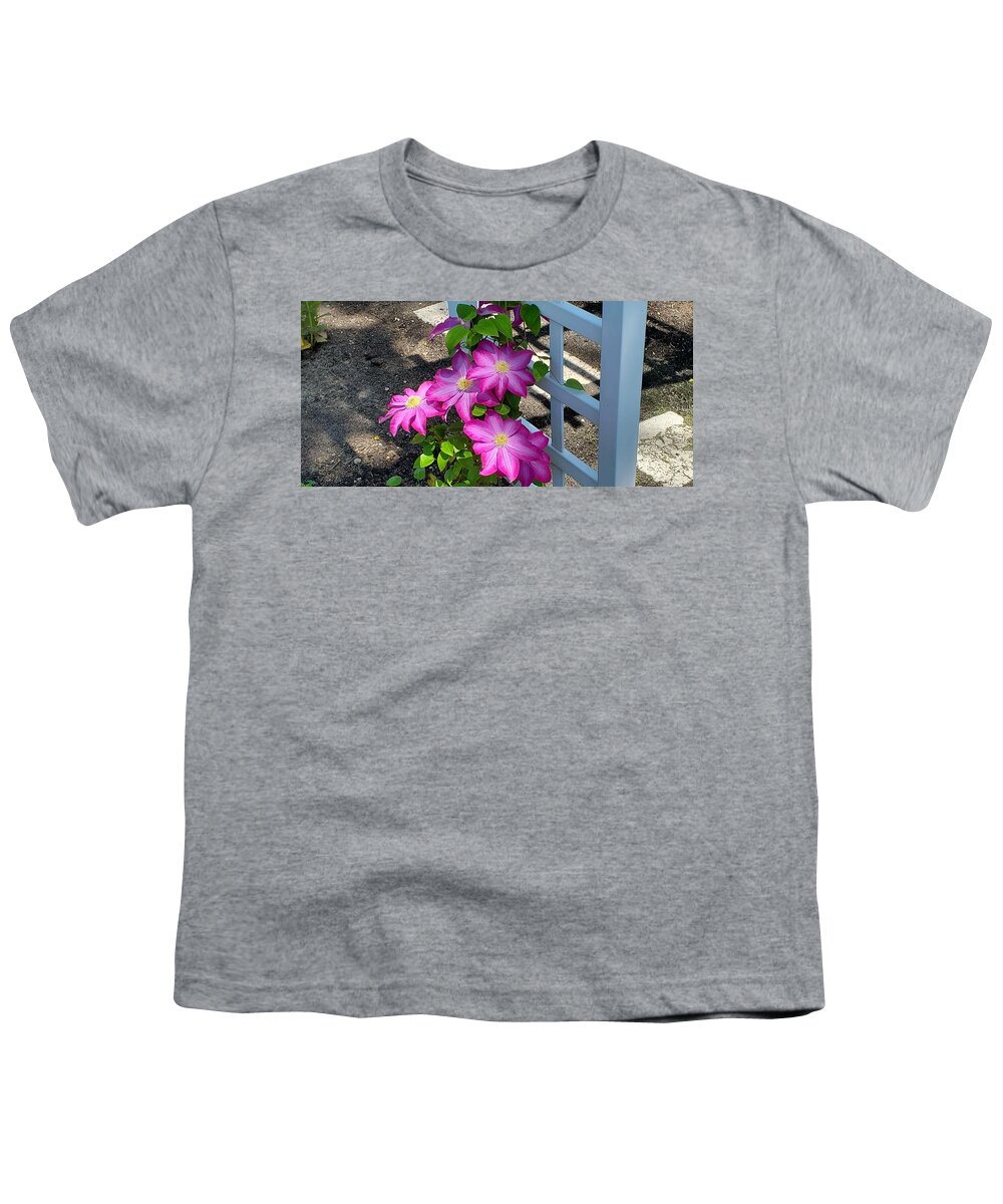 Clematis Flower Youth T-Shirt featuring the photograph Pink Champagne Clematis by Stacie Siemsen