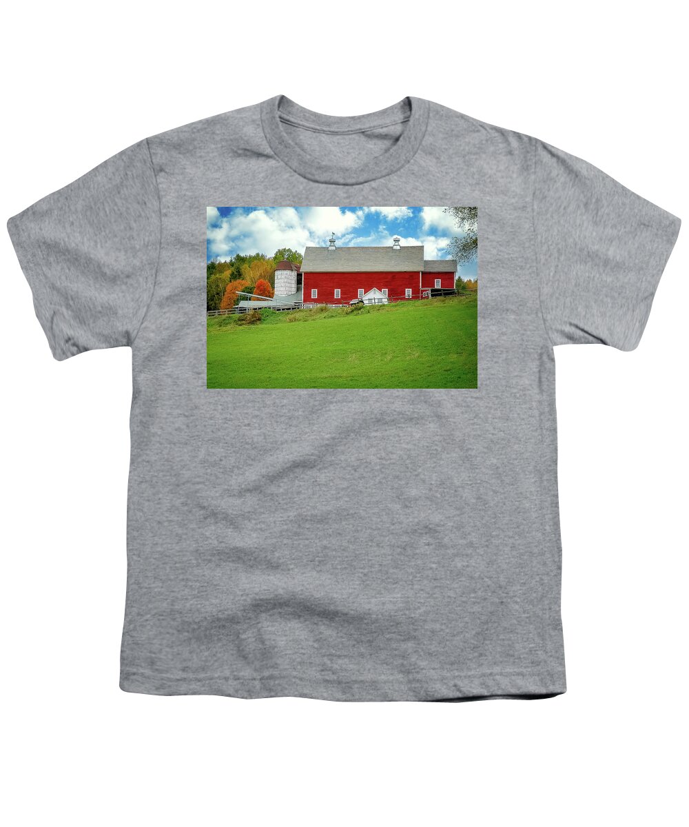Woodstock Youth T-Shirt featuring the photograph Red Barn in Woodstock, Vermont during Autumn by Mitchell R Grosky