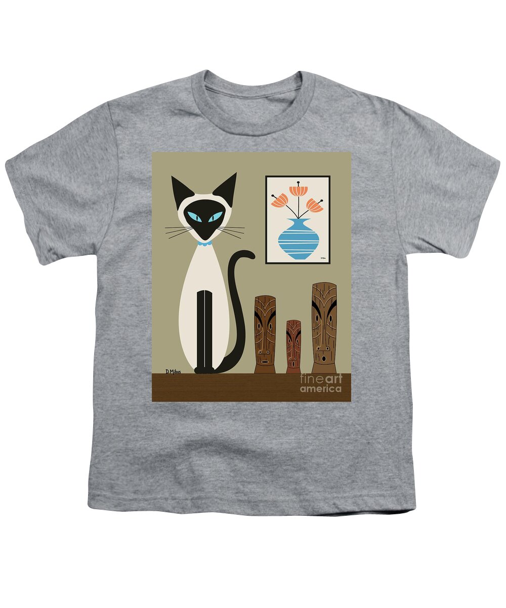 Mid Century Cat Youth T-Shirt featuring the digital art Retro Siamese with Tikis by Donna Mibus