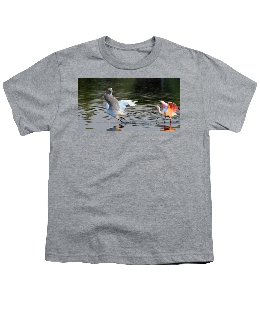 Roseate Spoonbill Youth T-Shirt featuring the photograph Roseate Spoonbill and Great Egret 0425-062921-2 by Tam Ryan