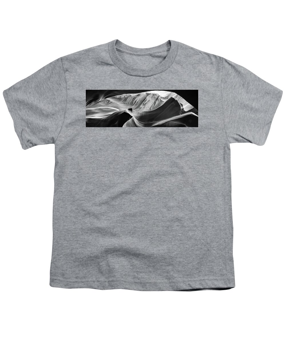 Antelope Canyon Youth T-Shirt featuring the photograph Sandstone Symphony Panorama - Monochrome Layers Of Antelope Canyon by Gregory Ballos
