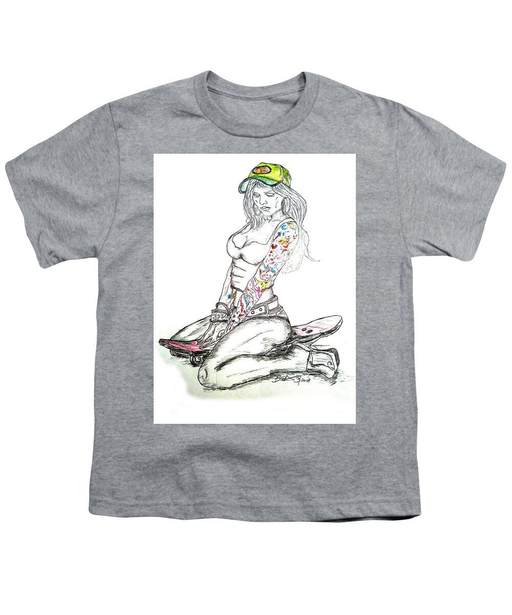 Pin Up Youth T-Shirt featuring the drawing Skater Girl by Brent Knippel