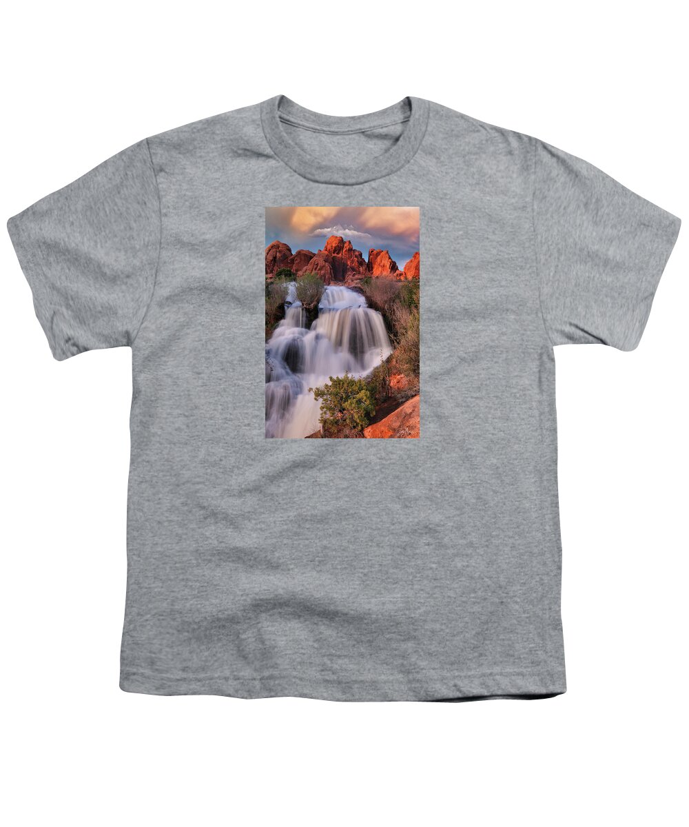 Moab Youth T-Shirt featuring the photograph Sunset at Faux Falls by Dan Norris