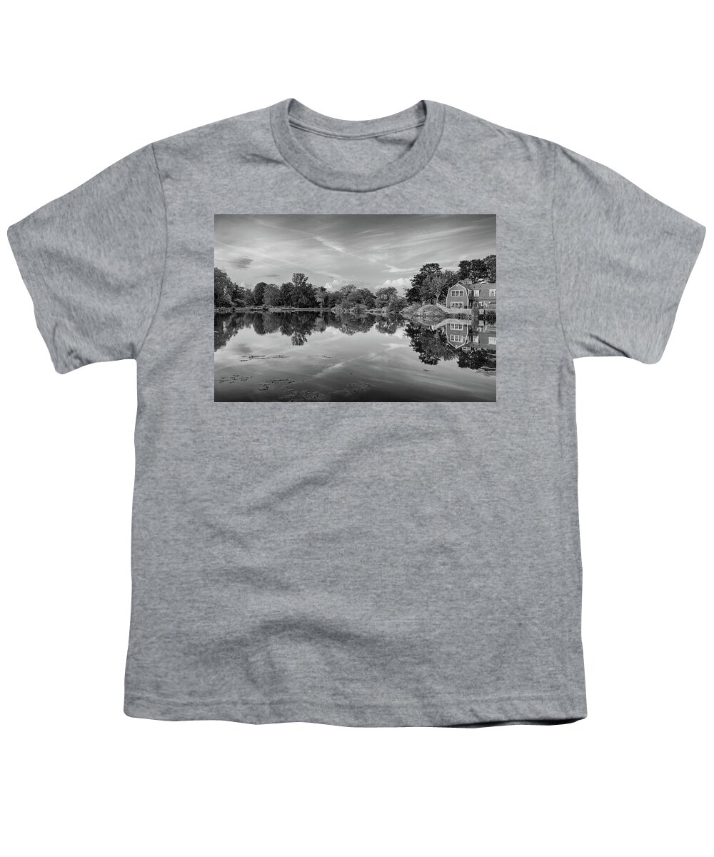 Marblehead Youth T-Shirt featuring the photograph Sunset on Redds Pond Marblehead Ma Blaxk and White by Toby McGuire